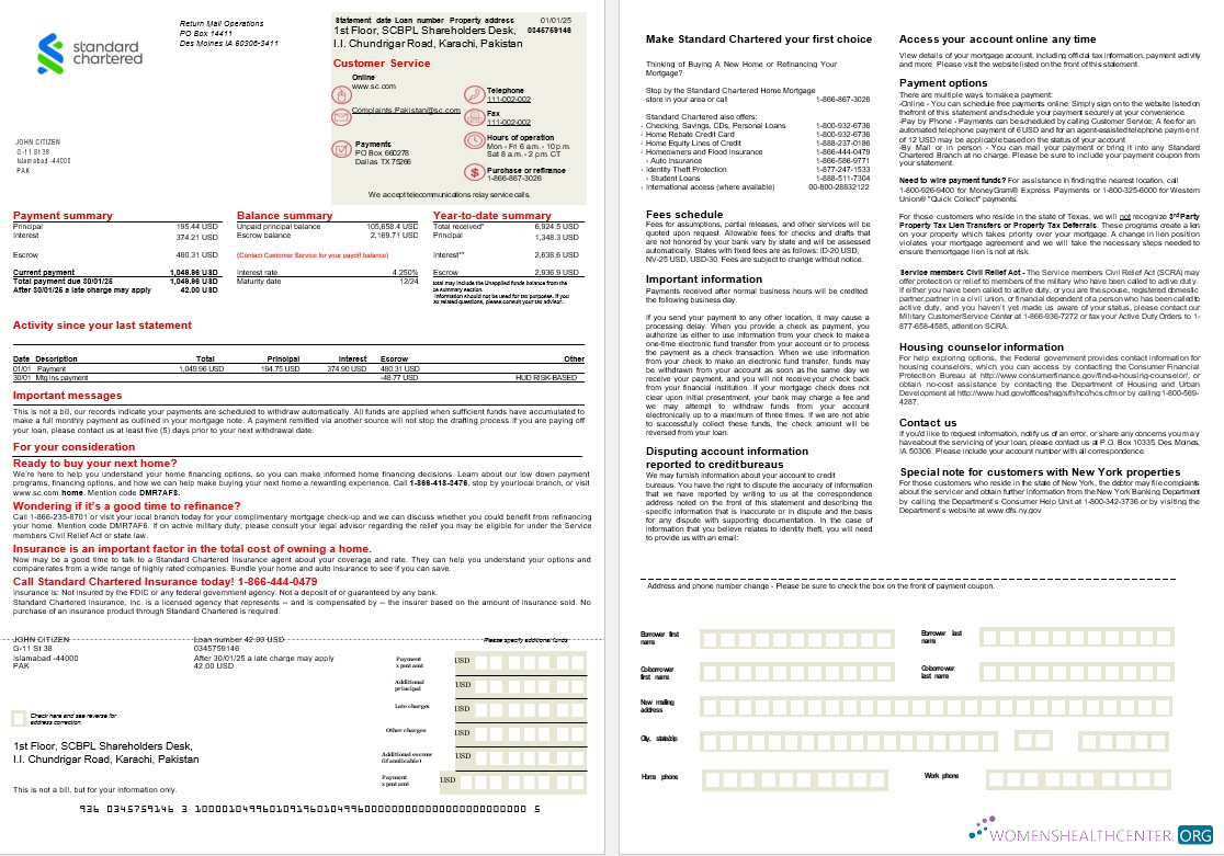 Download Pakistan Standard Chartered mortgage statement in Word and PDF formats, 2 pages Photoshop template